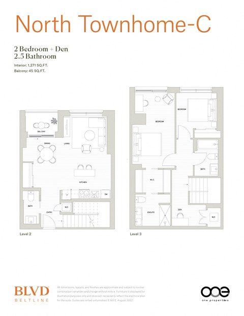 Floor plan for 2 beds, 2.5 baths, 1271 sqft